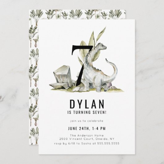 Dinosaur Theme 7th Birthday Party Kaart (Voorkant / Achterkant)