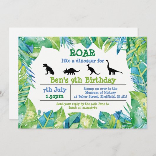 Dinosaur thème anniversaire invitation (Devant / Derrière)