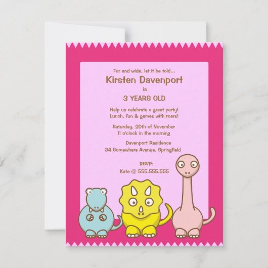 Dinosaur Thème Fille's Birthday Party Invitation (Devant)