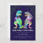 Dinosaur theme Navy Blue Pink Wedding QR Code Kaart (Voorkant)