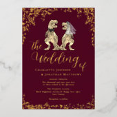 Dinosaur Theme Wedding Burgundy Red and Gold Folie Uitnodiging (Voorkant)