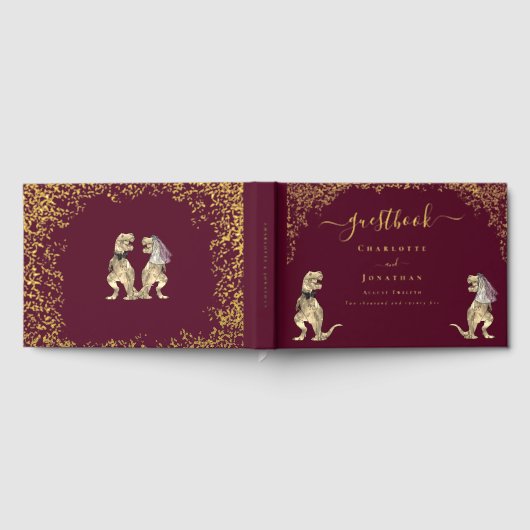 Dinosaur Theme Wedding Burgundy Red & Gold Gastenboek (Volledig)