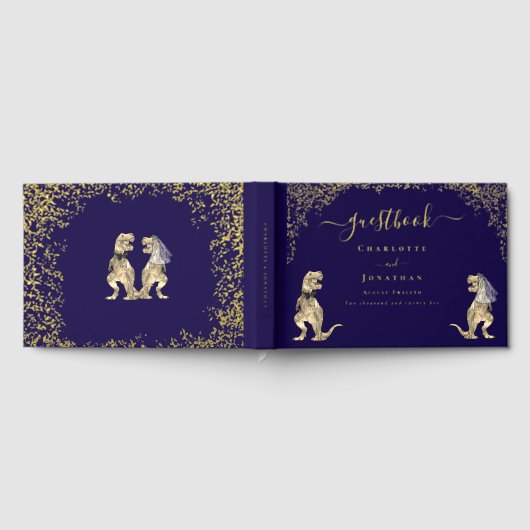 Dinosaur Theme Wedding Custom Navy Blue Gold Gastenboek (Volledig)