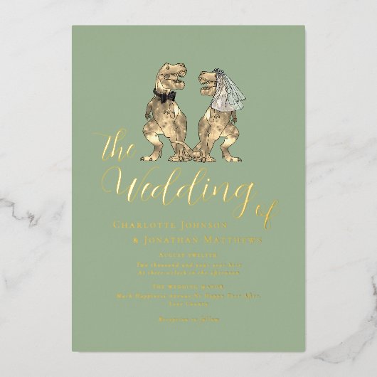 Dinosaur Theme Wedding Sage Green Gold Folie Uitnodiging (Voorkant)