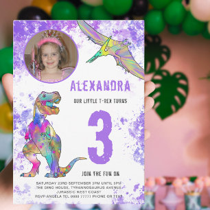 Dinosaur Thlemed Girls 3rd Birthday Party Photo Uitnodiging Briefkaart