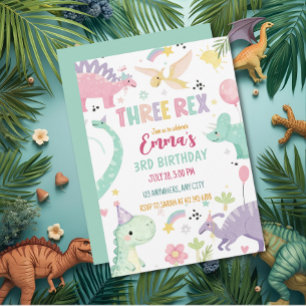 Dinosaur Three Rex 3de verjaardagsfeestje Kaart