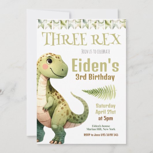 Dinosaur Three Rex 3rd Birthday Party Invitation Kaart (Voorkant)