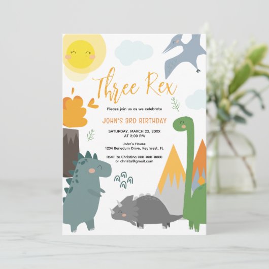 Dinosaur Three Rex 3rd Birthday Party Invitation Kaart (Staand voorkant)