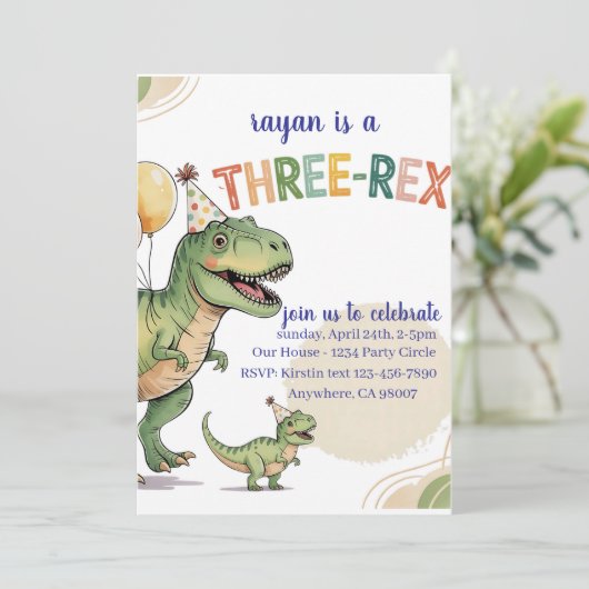 Dinosaur Three Rex 3rd Birthday Party Invitation Kaart (Staand voorkant)