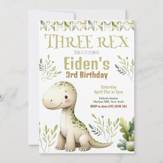 Dinosaur Three Rex 3rd Birthday Party Invitation Kaart (Voorkant)
