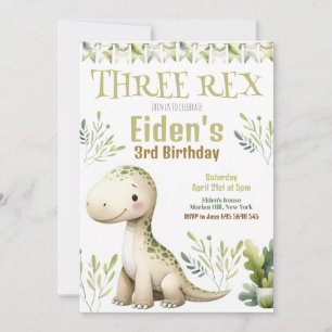Dinosaur Three Rex 3rd Birthday Party Invitation Kaart