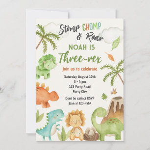 Dinosaur Three Rex 3rd Birthday Party Invitation Kaart