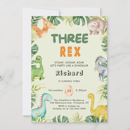 Dinosaur Three Rex 3rd Birthday Uitnodiging (Voorkant)
