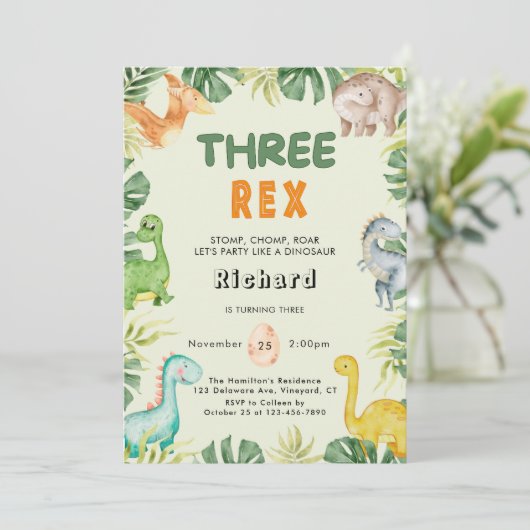 Dinosaur Three Rex 3rd Birthday Uitnodiging (Staand voorkant)