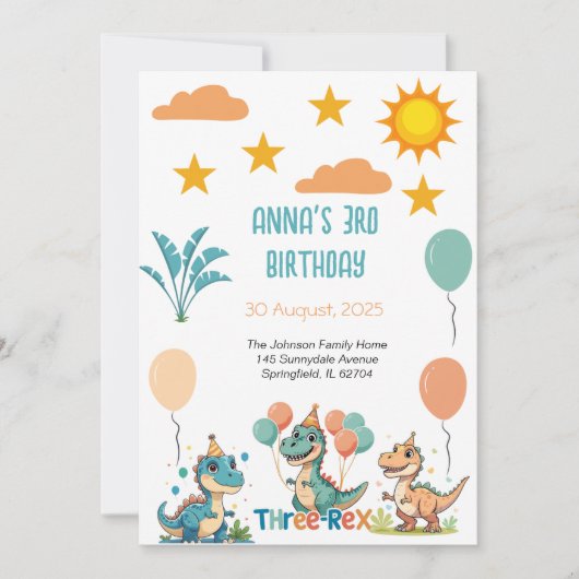 Dinosaur Three Rex 3rd Birthday Uitnodiging (Voorkant)