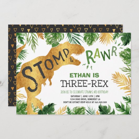Dinosaur Three-Rex Birthday Invitation Boy Dino Kaart (Voorkant / Achterkant)