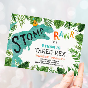 Dinosaur Three-Rex Birthday Invitation Boy Dino Kaart