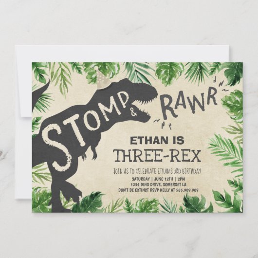 Dinosaur Three-Rex Birthday Invitation Boy Dino Kaart (Voorkant)