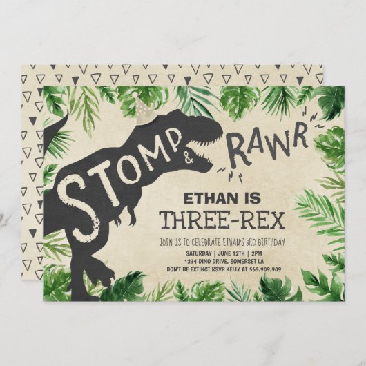 Dinosaur Three-Rex Birthday Invitation Boy Dino Kaart (Voorkant / Achterkant)