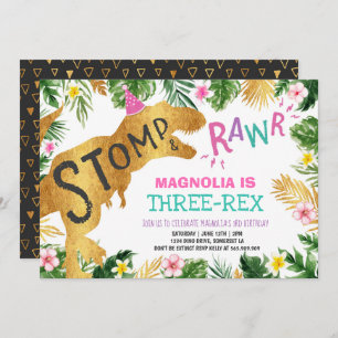 Dinosaur Three-Rex Birthday Invitation Girl Dino Kaart