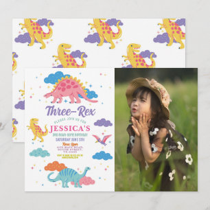Dinosaur Three Rex Cute Girls Pink Foto Kaart