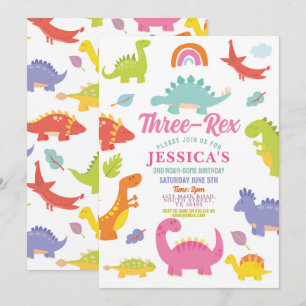 Dinosaur Three Rex Cute Girls Pink Party Kaart