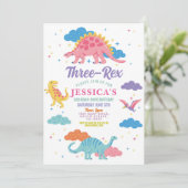Dinosaur Three Rex Cute Girls Pink Party Kaart (Staand voorkant)