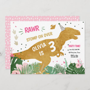 Dinosaur Three-Rex Dino Girl Pink Gold Birthday Kaart