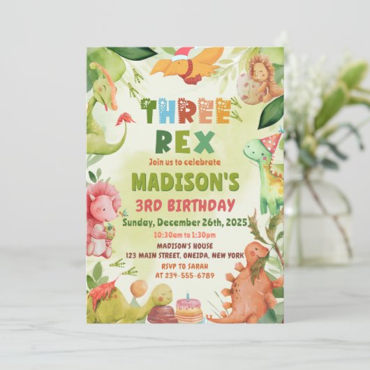 Dinosaur Three Rex Greenery 3e verjaardag Kaart (Staand voorkant)