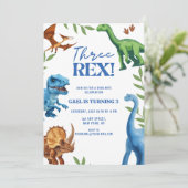 Dinosaur Three Rex Greenery Birthday Kaart (Staand voorkant)