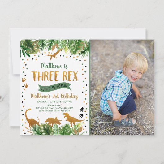 Dinosaur Three Rex Greenery Birthday Kaart (Voorkant)