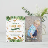 Dinosaur Three Rex Greenery Birthday Kaart (Staand voorkant)
