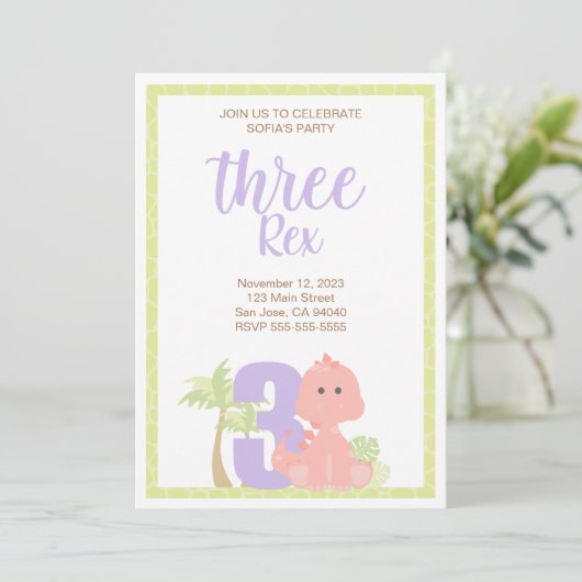 Dinosaur Three Rex Party Invitation Kaart (Staand voorkant)
