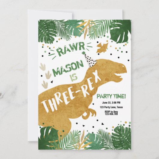 Dinosaur Three-Rex T-Rex RAWR Gold Boy Birthday Kaart (Voorkant)