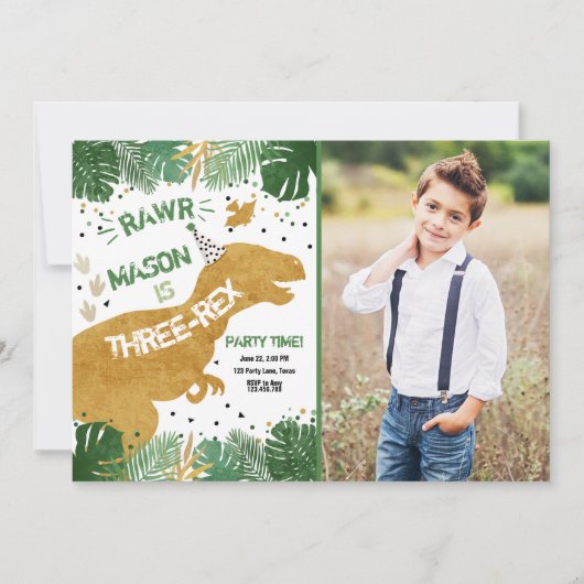 Dinosaur Three-Rex T-Rex RAWR Gold Boy Verjaardag Kaart (Voorkant)