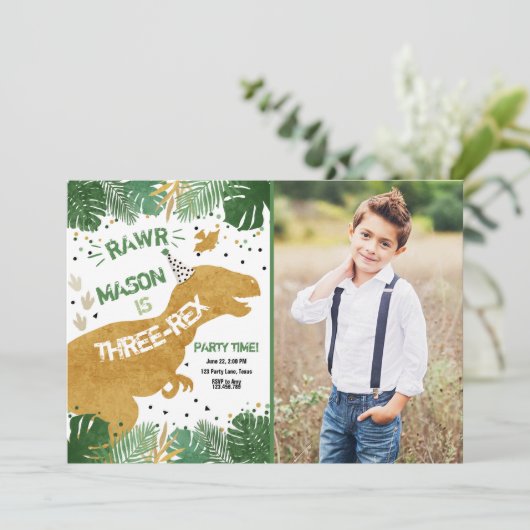 Dinosaur Three-Rex T-Rex RAWR Gold Boy Verjaardag Kaart (Staand voorkant)