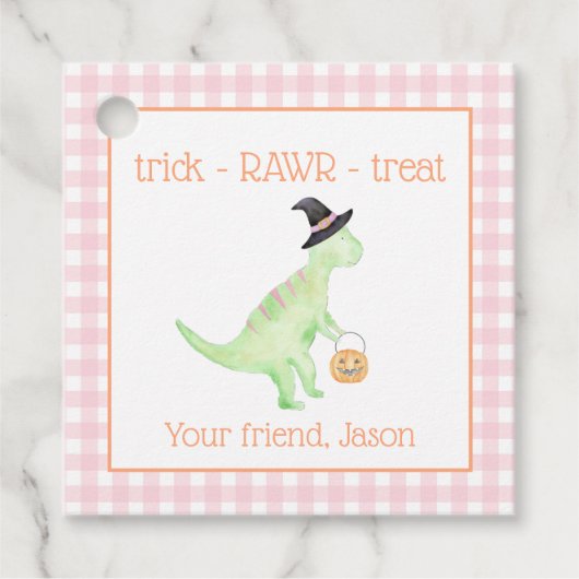 Dinosaur Treat Rawr Pink Oranje Halloween Kinder Bedankjes Labels (Voorkant)