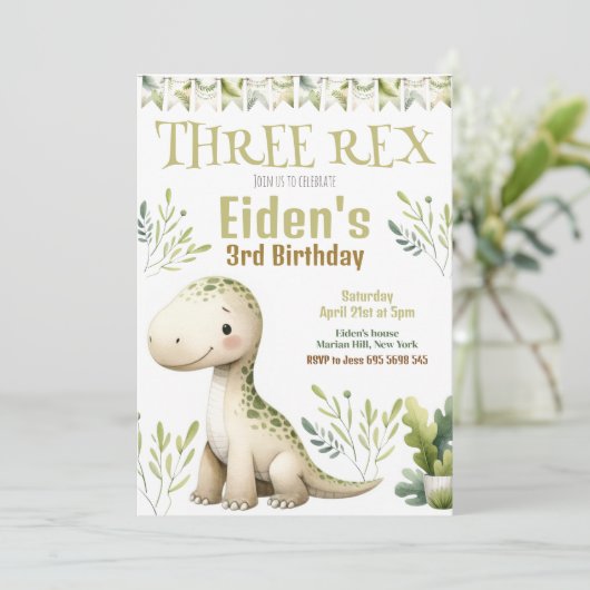 Dinosaur Trois Rex 3e Anniversaire Fête Invitation (Debout devant)