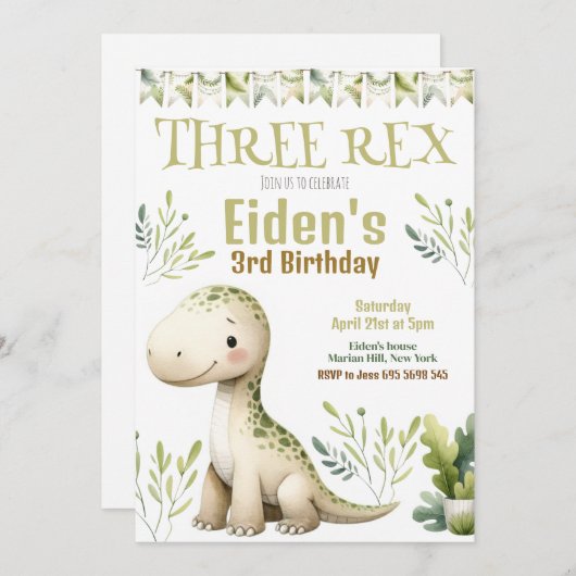 Dinosaur Trois Rex 3e Anniversaire Fête Invitation (Devant / Derrière)