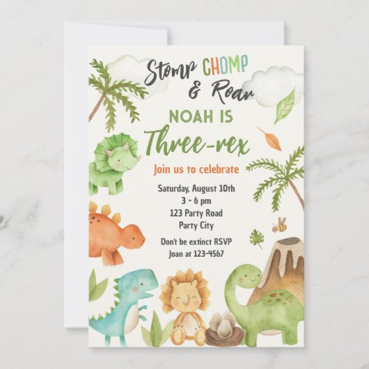 Dinosaur Trois Rex 3e Anniversaire Fête Invitation (Devant)