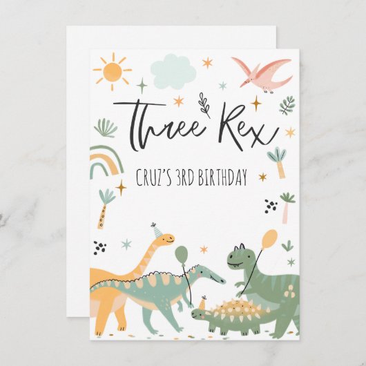 Dinosaur Trois Rex 3e Anniversaire Fête Invitation (Devant / Derrière)