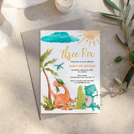 Dinosaur Trois Rex Anniversaire Fête Invitation