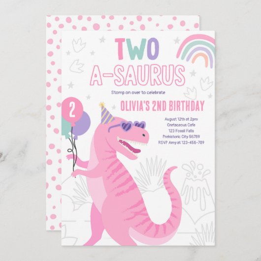 Dinosaur Twee A-Saurus 2e Verjaardagsfeest T-Rex Kaart (Voorkant / Achterkant)