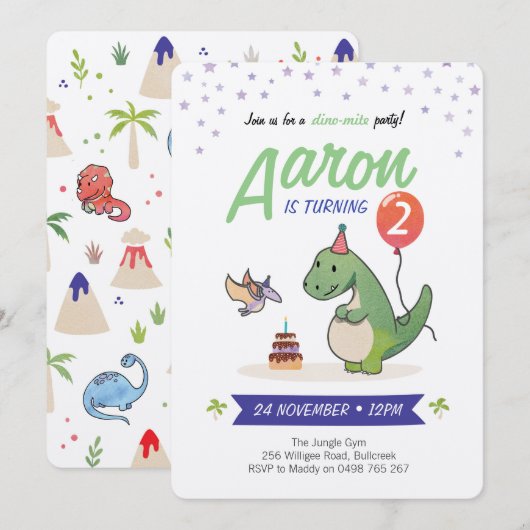 Dinosaur-uitnodigingen, verjaardagsuitnodigingen v kaart (Voorkant / Achterkant)