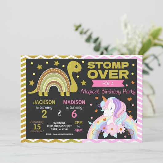 Dinosaur & Unicorn Joint Birthday Invitation Kaart (Staand voorkant)