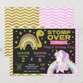 Dinosaur & Unicorn Joint Birthday Invitation Kaart (Voorkant / Achterkant)