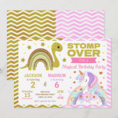 Dinosaur & Unicorn Joint Birthday Invitation Kaart (Voorkant / Achterkant)