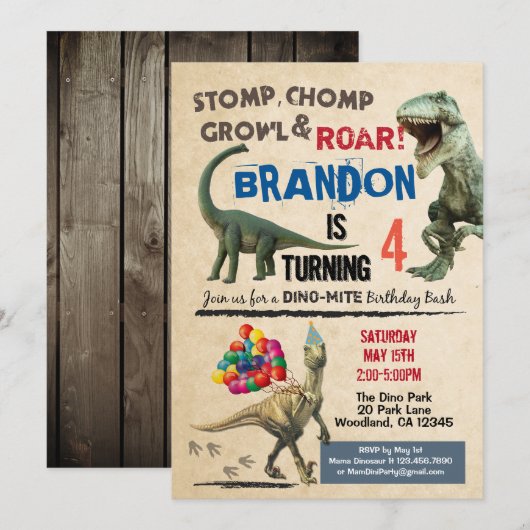 Dinosaur verjaardagsuitnodiging kaart (Voorkant / Achterkant)