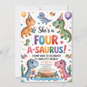 Dinosaur Vier A-Saurus 4e verjaardagsfeest T-Rex Kaart