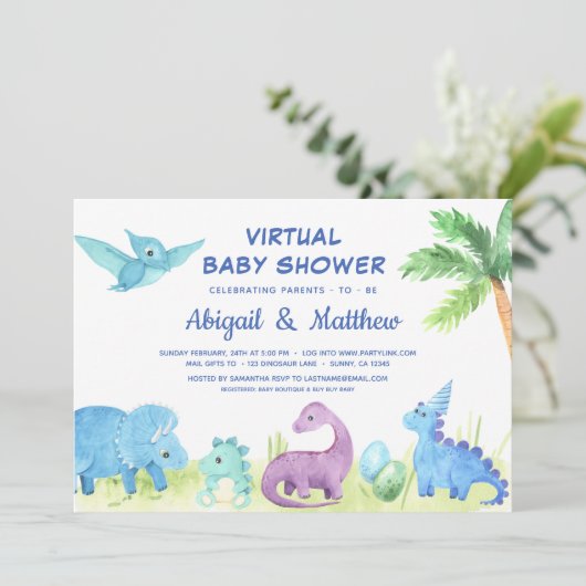 Dinosaur Virtual Baby shower Cute Invitation (Debout devant)